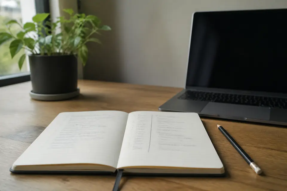 Notebook with two columns for pros and cons next to a laptop
