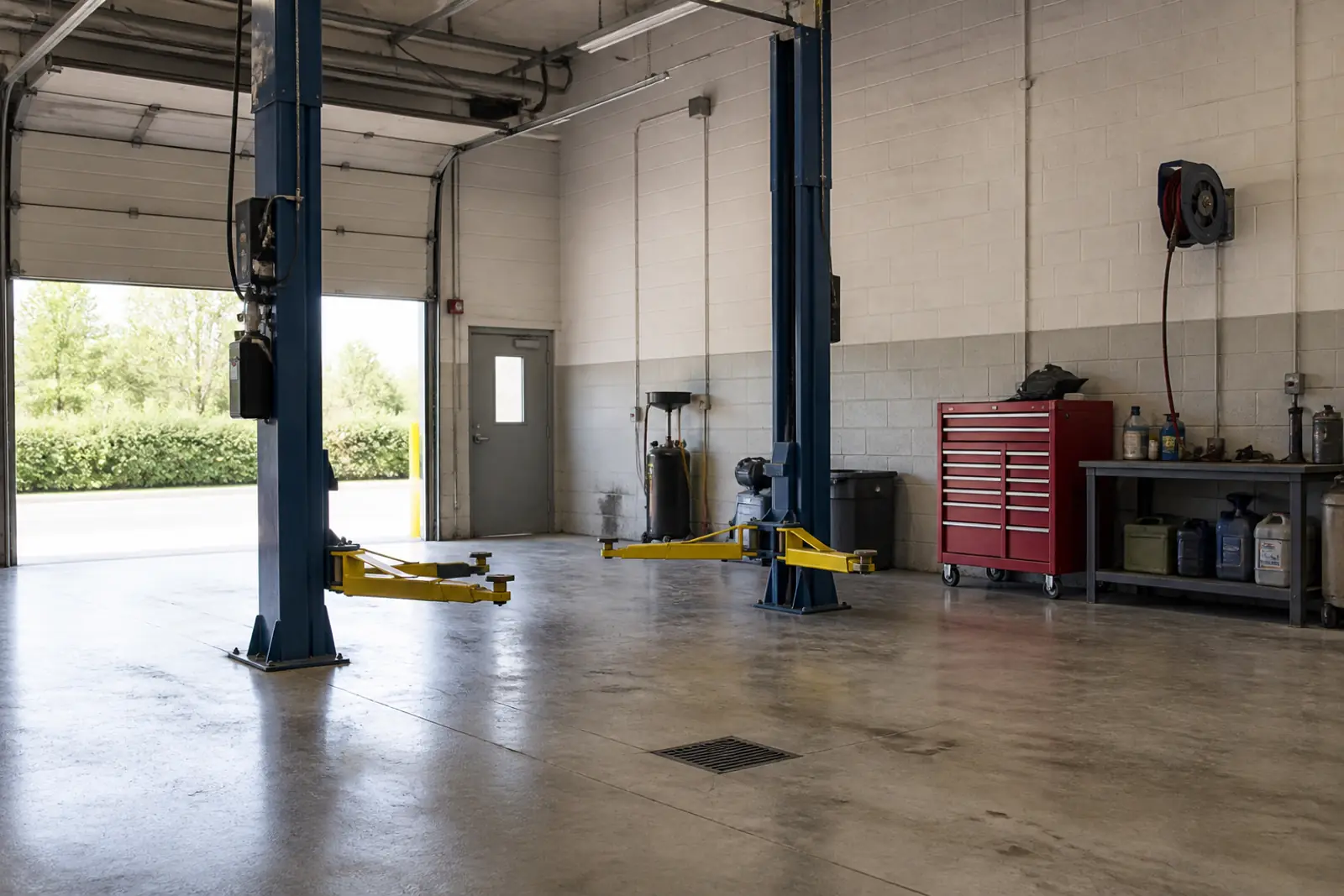 A clean, empty automotive service bay with a two-post vehicle lift raised slightly, a red rolling tool chest against a pale wall, polished concrete floor, soft