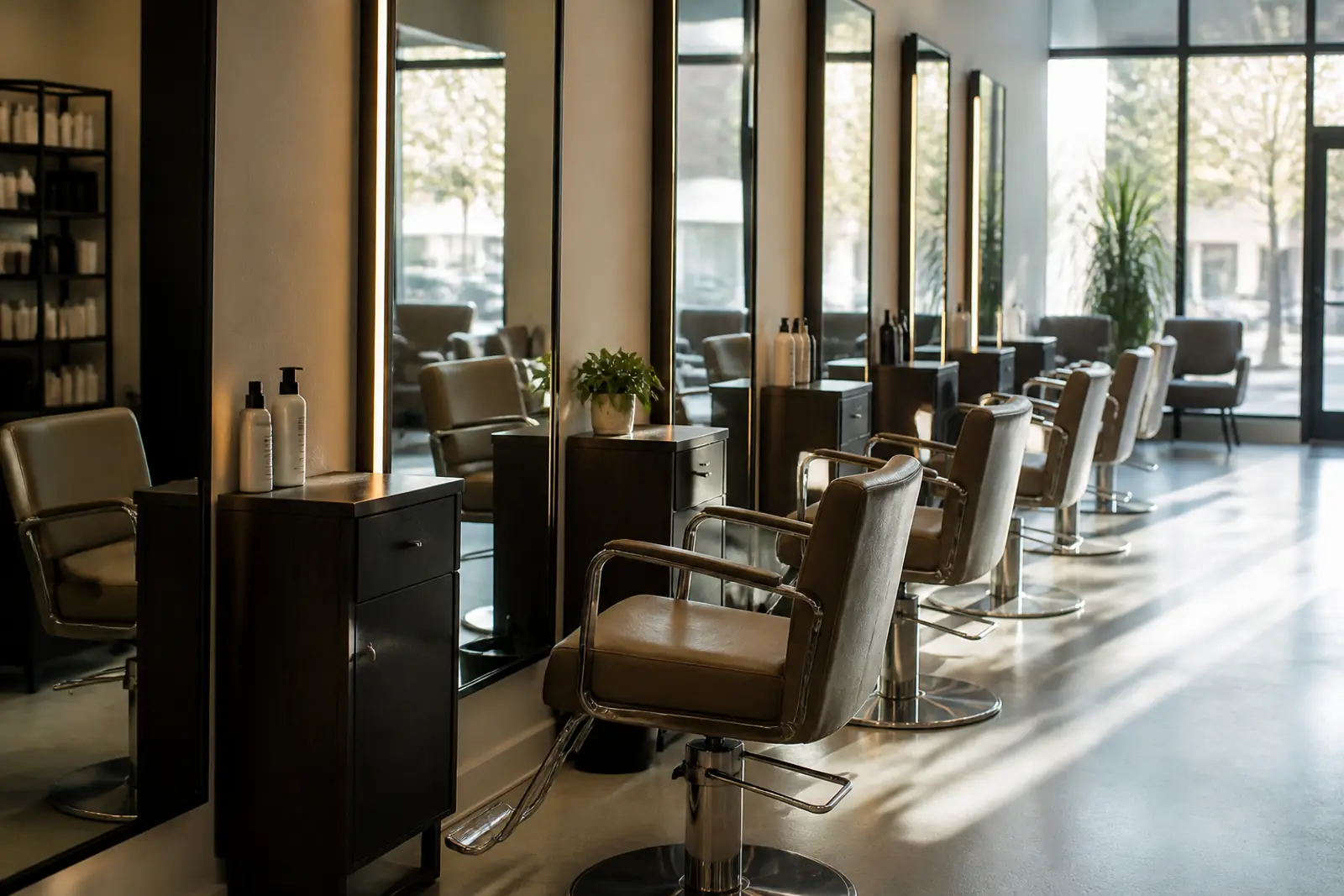 Documentary photograph of an empty modern hair salon in soft morning light, a row of styling chairs facing large mirrors, no people, no logos, no readable text