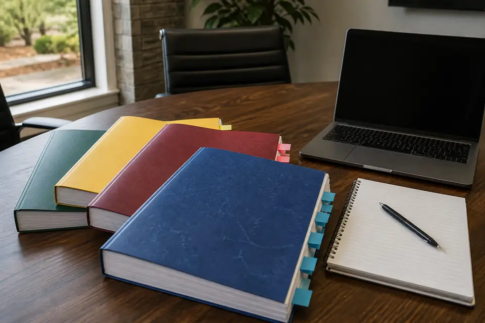 Several tabbed franchise disclosure documents fanned out on a conference table