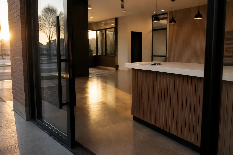 Open front door of a newly fitted small business with keys on the counter at golden hour