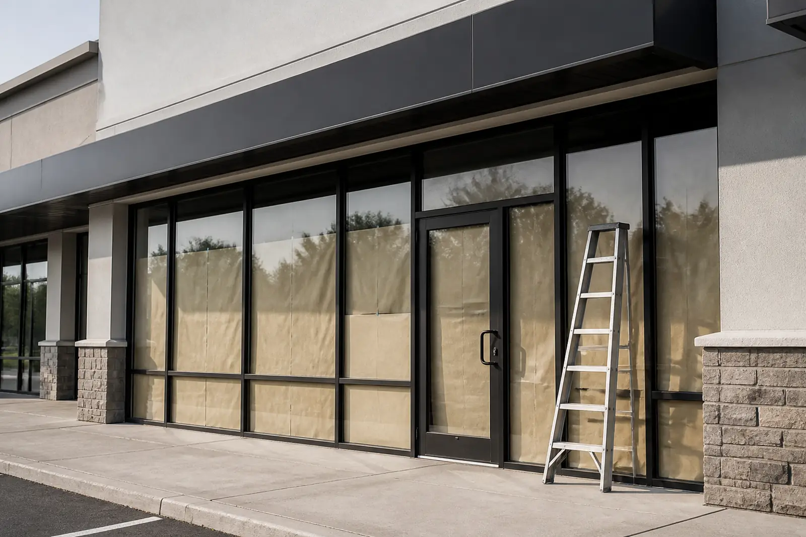 A single new storefront in a small strip center, paper still covering the windows, an aluminium ladder leaning beside the door, morning light, no people, no rea