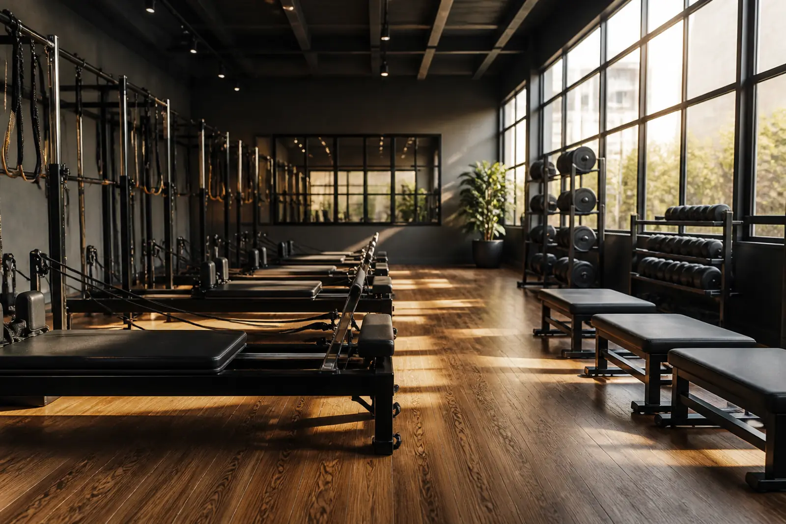 An empty boutique fitness studio with rows of equipment in soft morning light, wooden floor, large windows, no people, no logos, no readable text