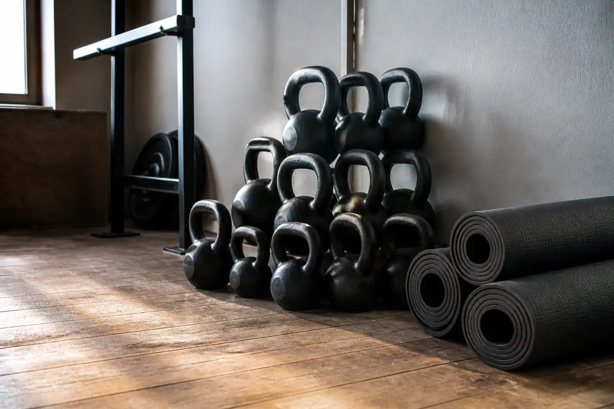 Kettlebells and mats in a boutique fitness studio