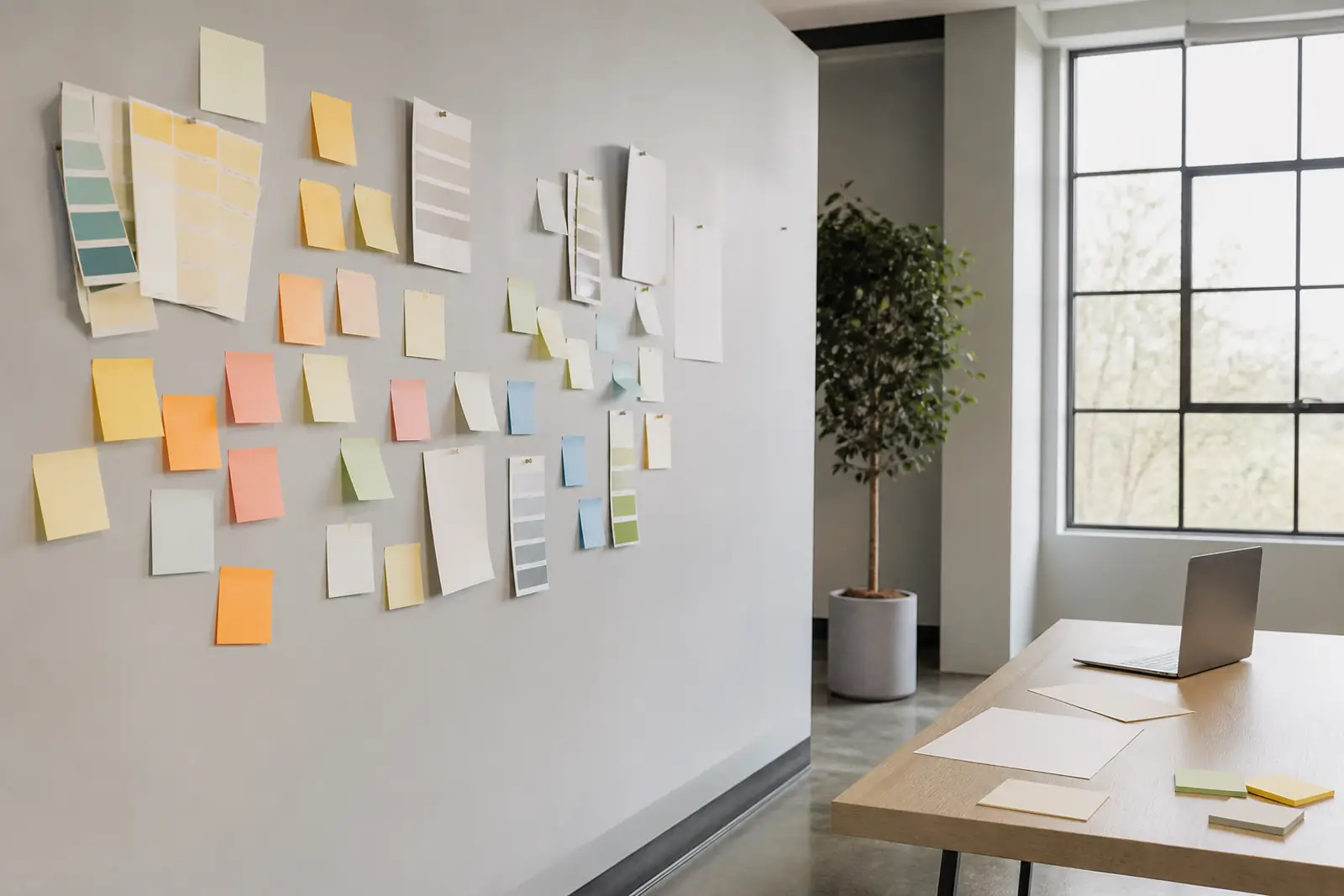 A marketing planning wall covered with blank sticky notes and paint color swatches in an empty office, soft daylight, no people, no readable text, no logos