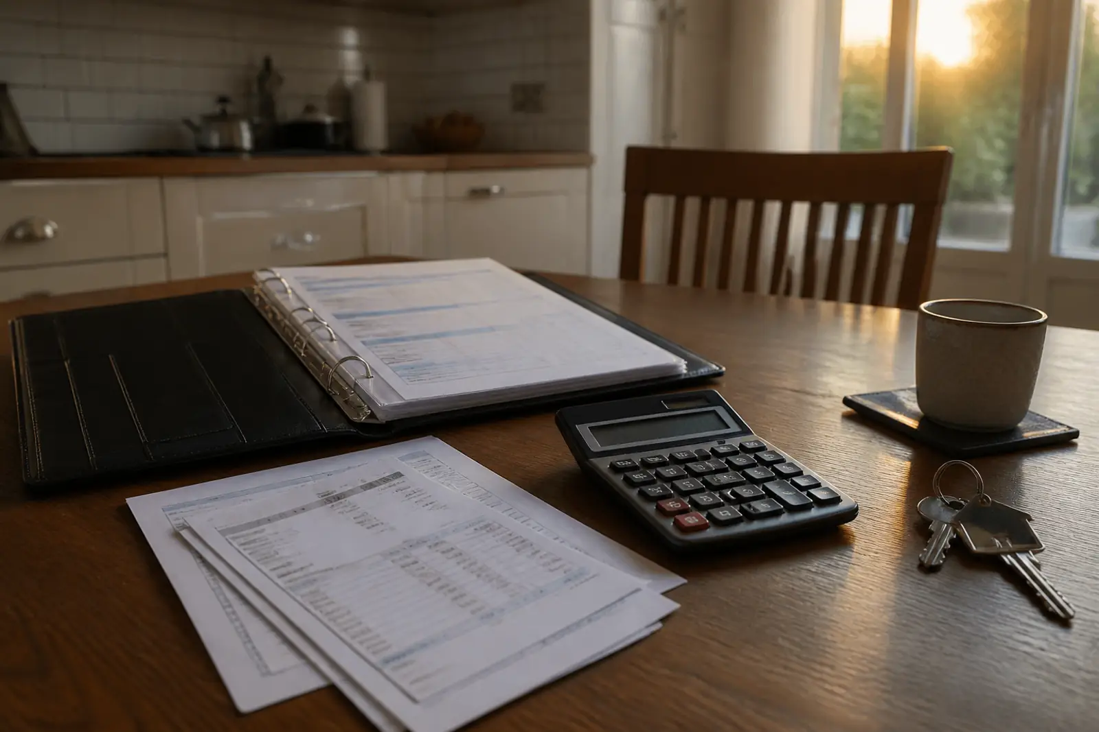 Documentary photograph of a kitchen table in evening light: an open household budget binder, a few bank statements with no readable text, a desk calculator and