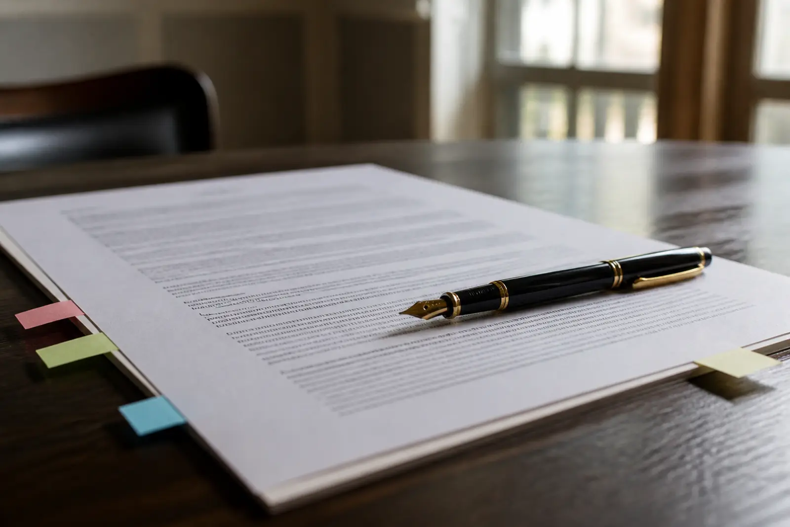 A long printed contract with colored signature tabs and a fountain pen resting on a dark wood table, soft window light, shallow depth of field, no readable text