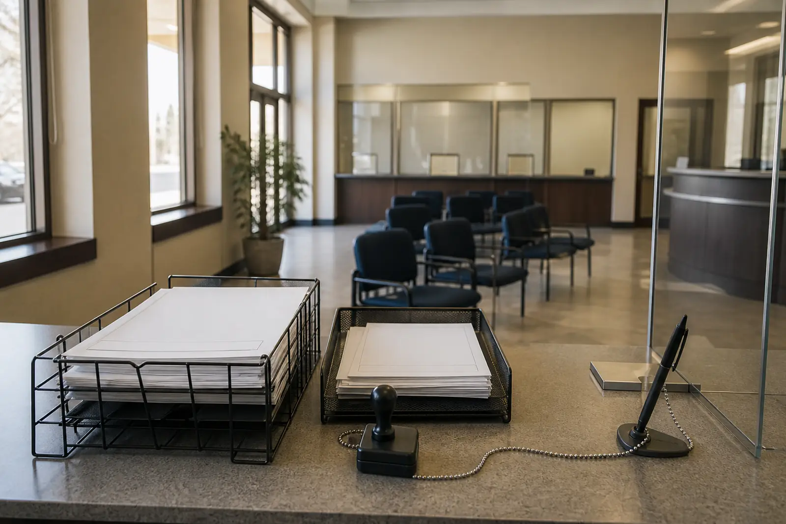 A state government office counter in soft morning light, wire filing trays holding blank forms, a rubber stamp and a pen on a chain, empty waiting chairs, no pe
