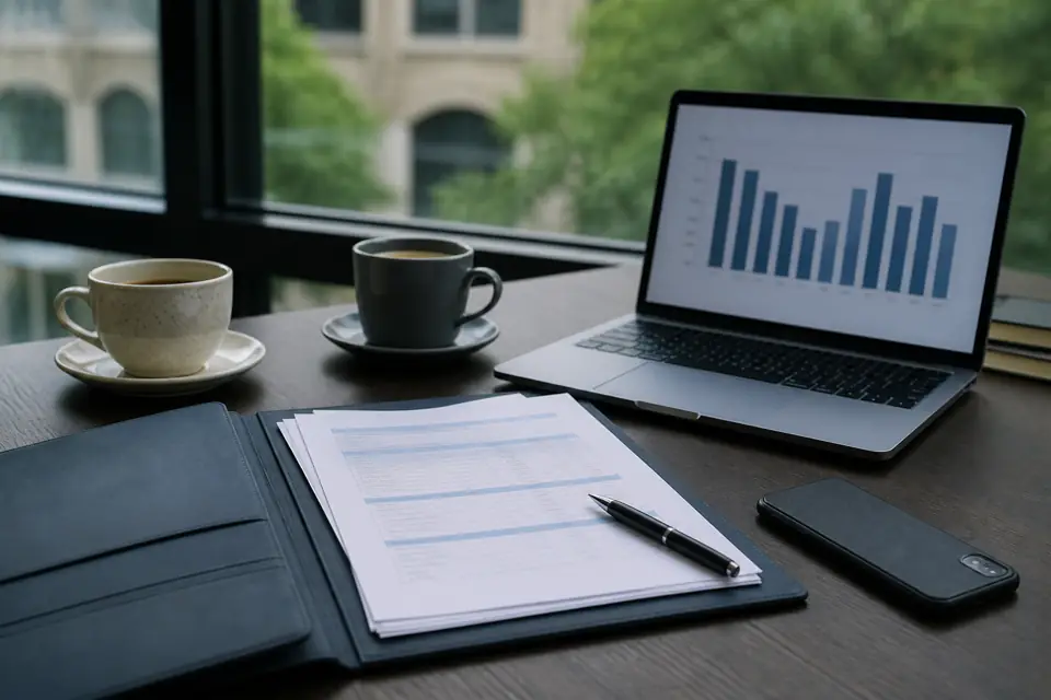 Consultant's desk with a laptop chart, a printed shortlist and two coffee cups