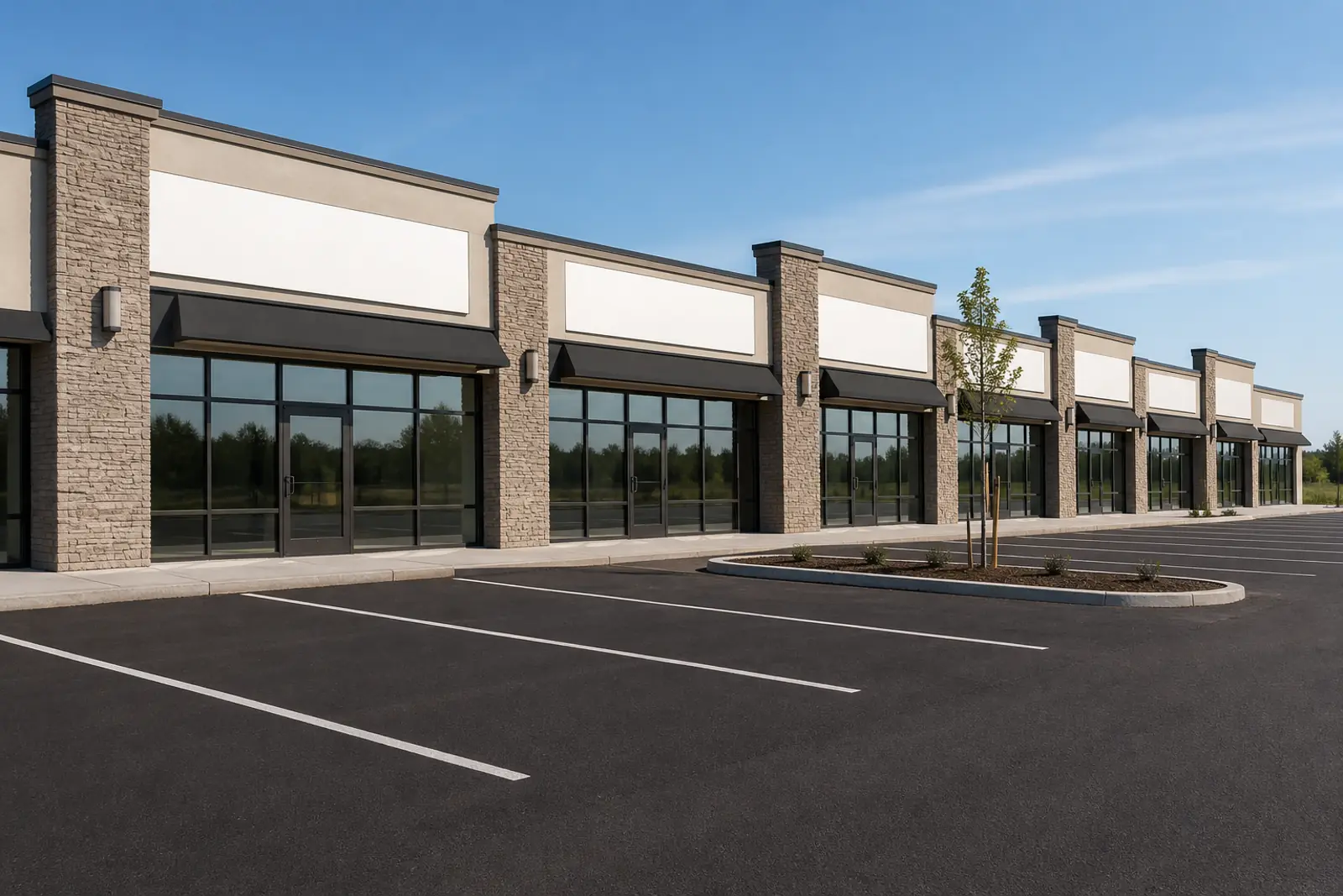 A row of empty retail units in a newly built strip center, blank white sign bands above each glass storefront, fresh asphalt and unpainted parking lines, clear