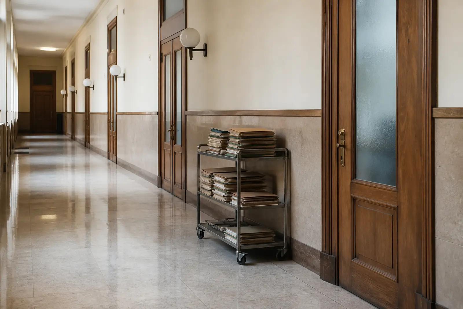 A quiet government office corridor with closed wooden doors and a metal document cart stacked with folders, soft daylight, no people, no readable text