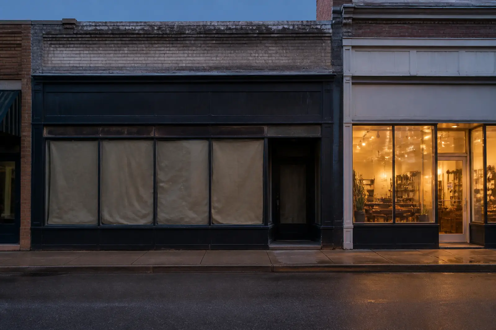 A small-town commercial street at dusk: one storefront with papered-over windows and a dark interior beside an open storefront with warm interior light, no sign