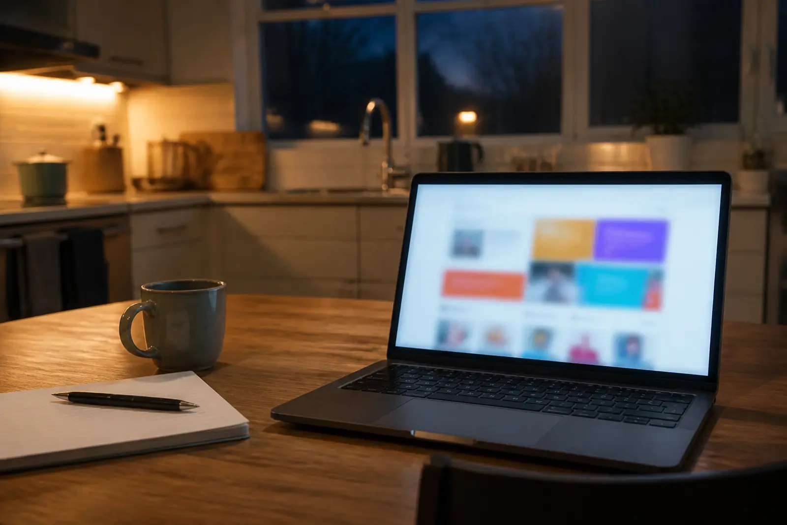 A laptop on a kitchen table in late evening light showing a blurred, brightly colored web page layout with no readable text, a mug and a notepad beside it, no p