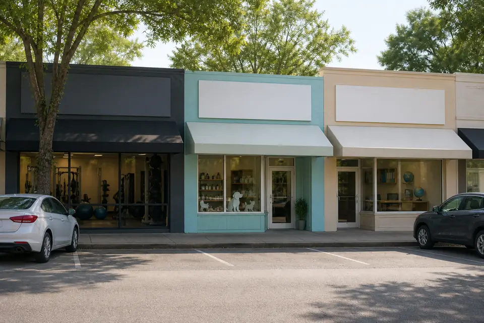 Row of small independent storefronts with blank signs on a suburban street