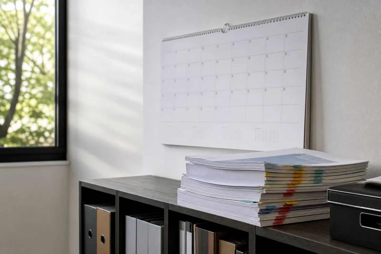 A wall calendar and a stack of annual reports with colored tabbed pages on an office shelf, soft daylight, documentary style, no people, no readable text