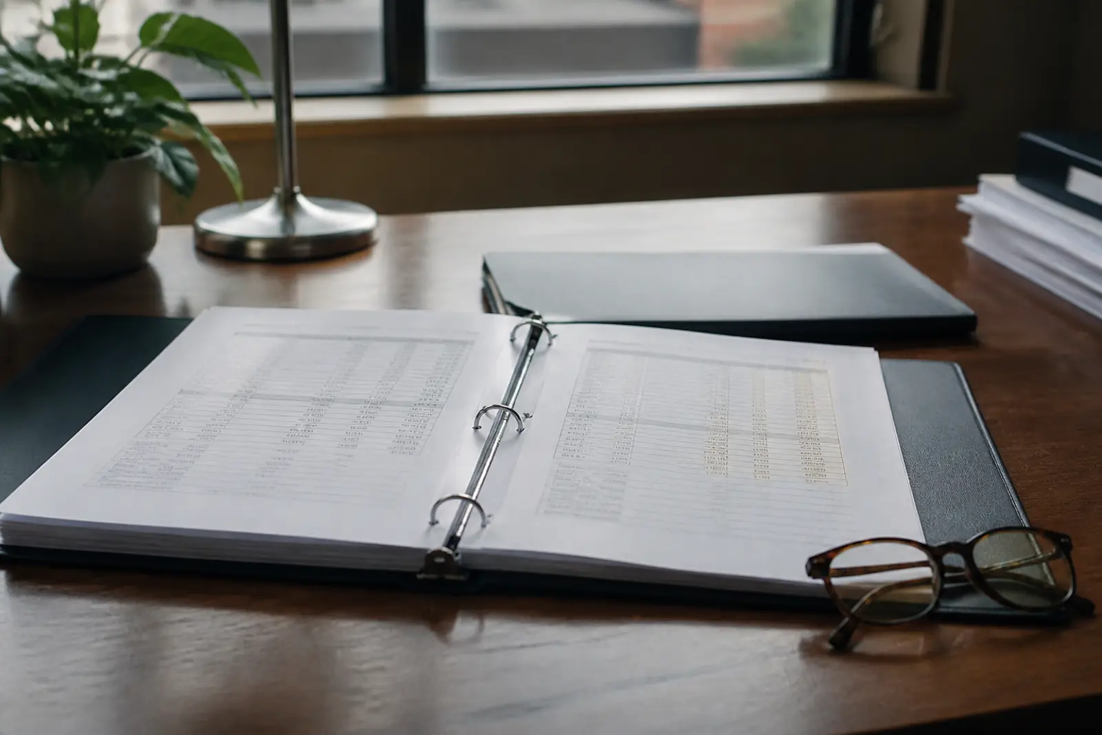 An open franchise disclosure binder on a wooden desk, pages of blurred tables, reading glasses resting beside it, soft window light, no people, no readable text