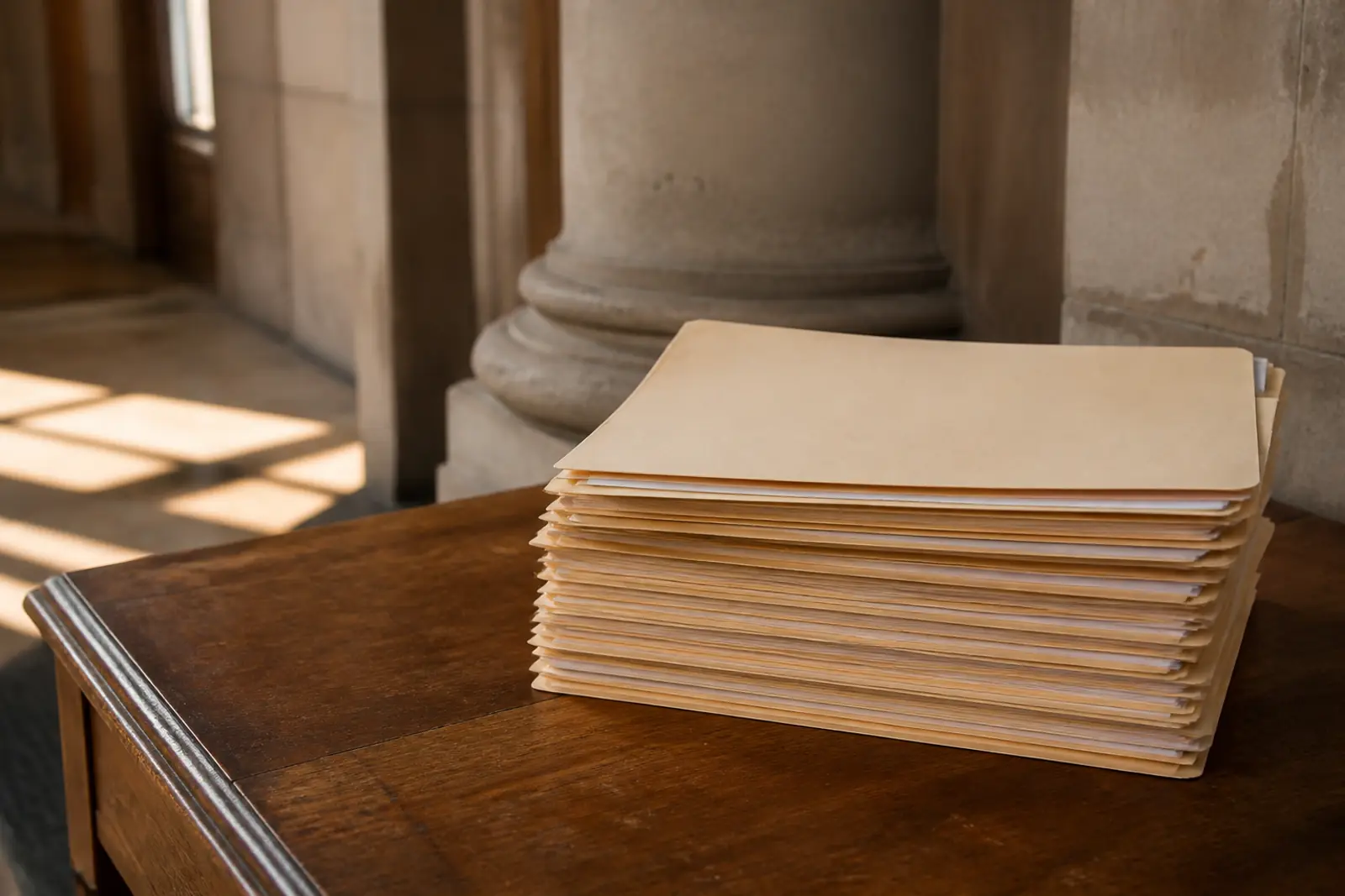 A stack of plain manila legal folders on a wooden table beside a stone column in soft focus, warm window light, no readable text, no people