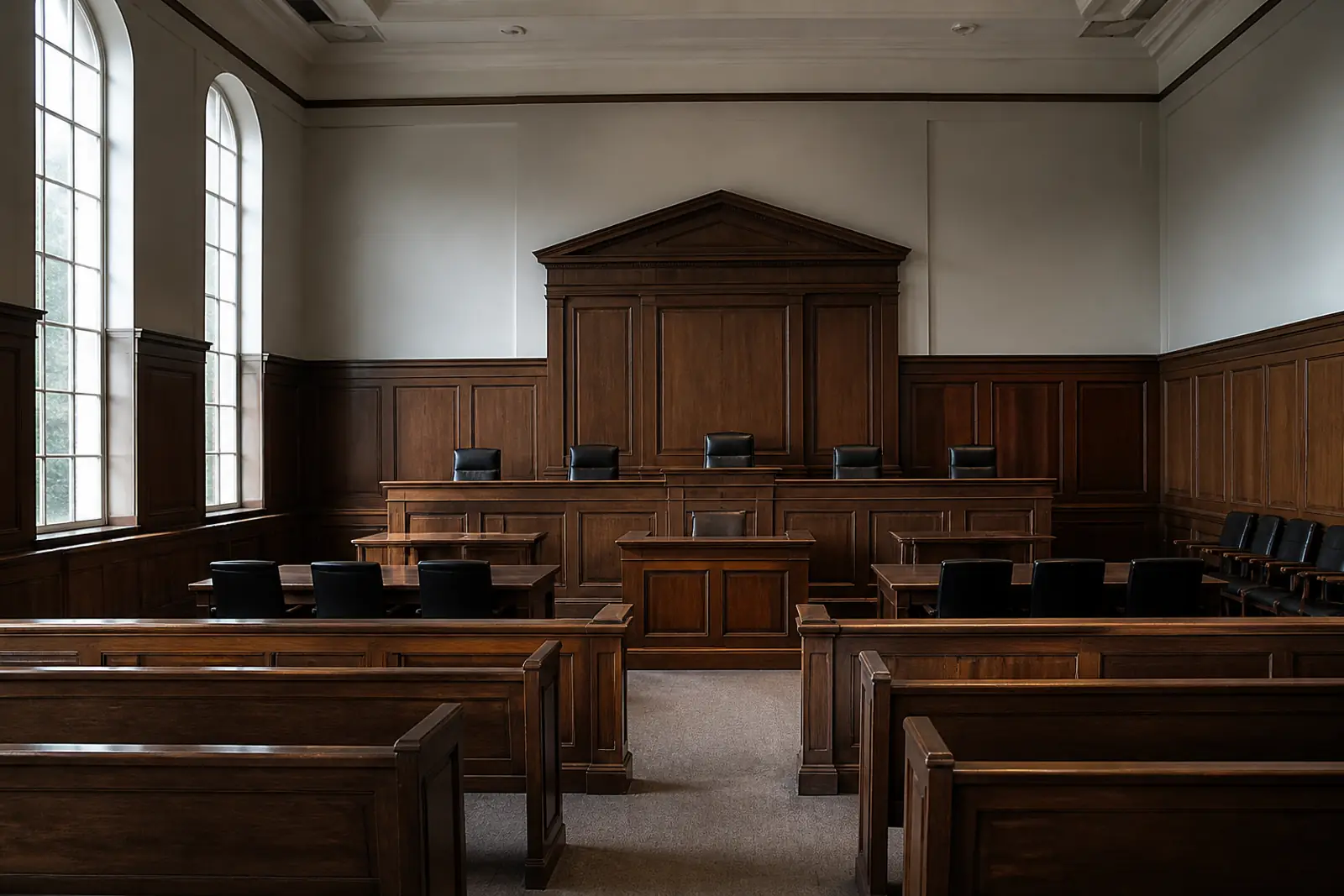 An empty federal courtroom with wooden benches and a raised judge's bench in soft daylight from tall windows, no people, no seals, no flags with text, no signag