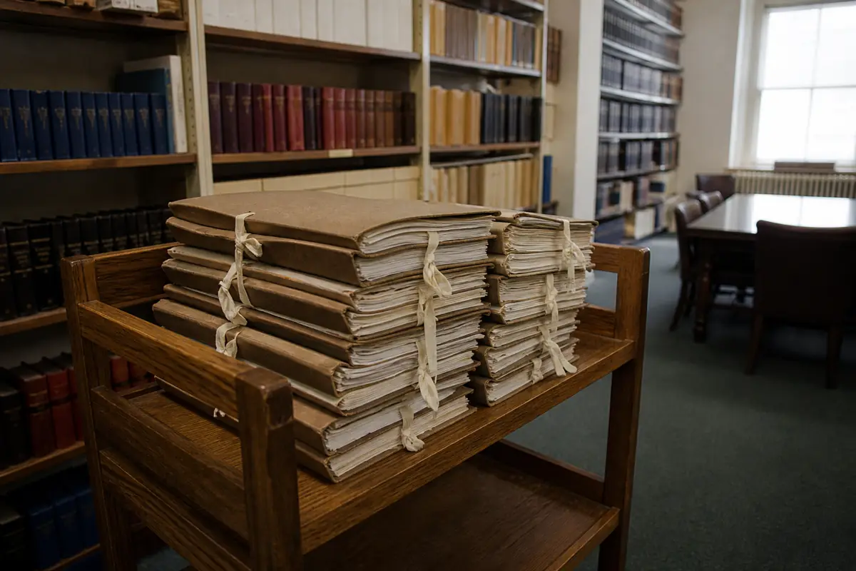 Bound case files on a library cart. Illustration only; not a specific case or court.