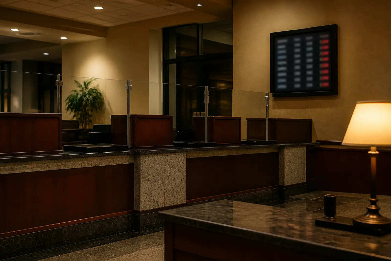 Documentary photograph of a bank branch interior after hours, warm lamp light, empty teller counter and a wall-mounted rate board whose figures are blurred and