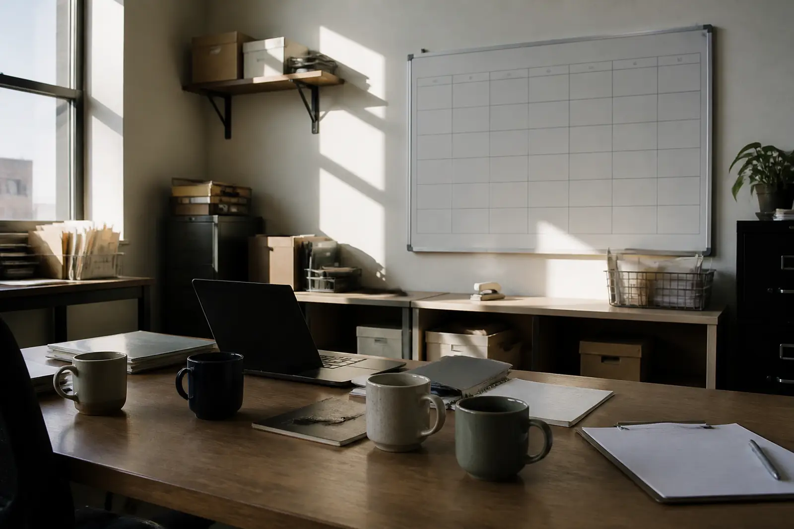 An empty small-business back office in early morning light, several different coffee mugs on a shared desk, a whiteboard with a blank weekly shift grid, documen