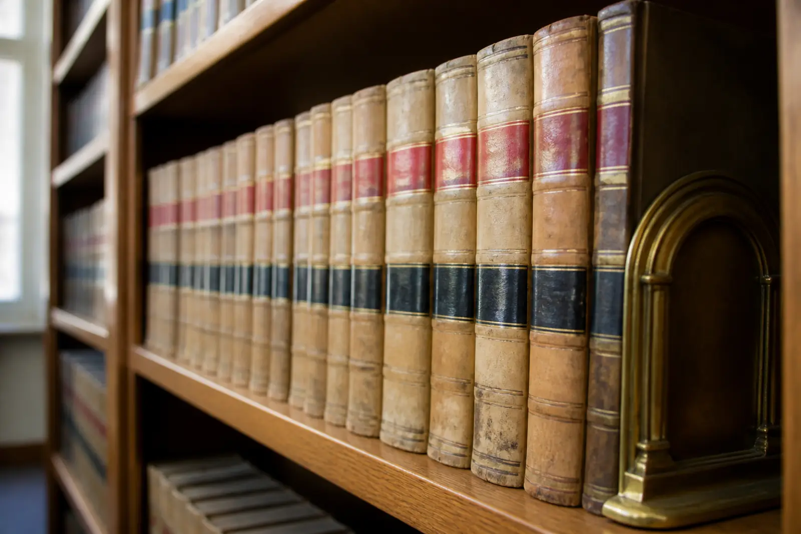 A row of bound state statute books on a wooden library shelf in soft daylight, spines worn and unreadable, a brass bookend at one end, shallow depth of field, n