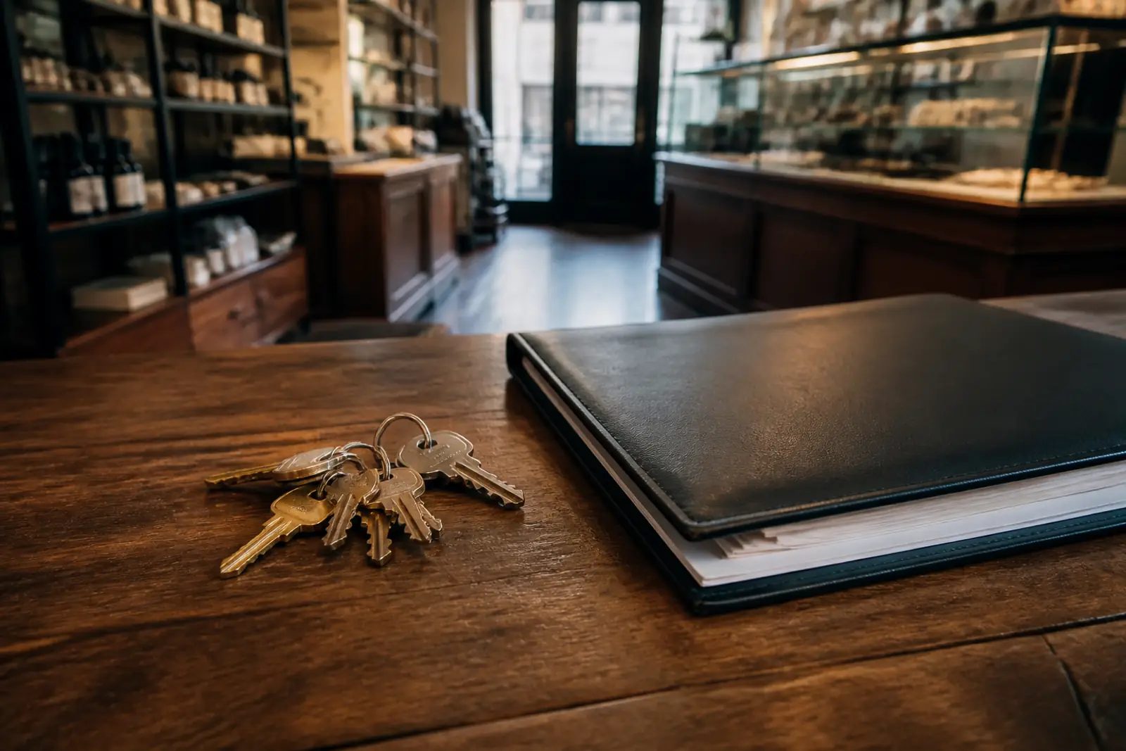 A set of brass and steel keys resting on a wooden shop counter next to a closed dark folder with a few signed-looking pages peeking out, warm interior light, sh