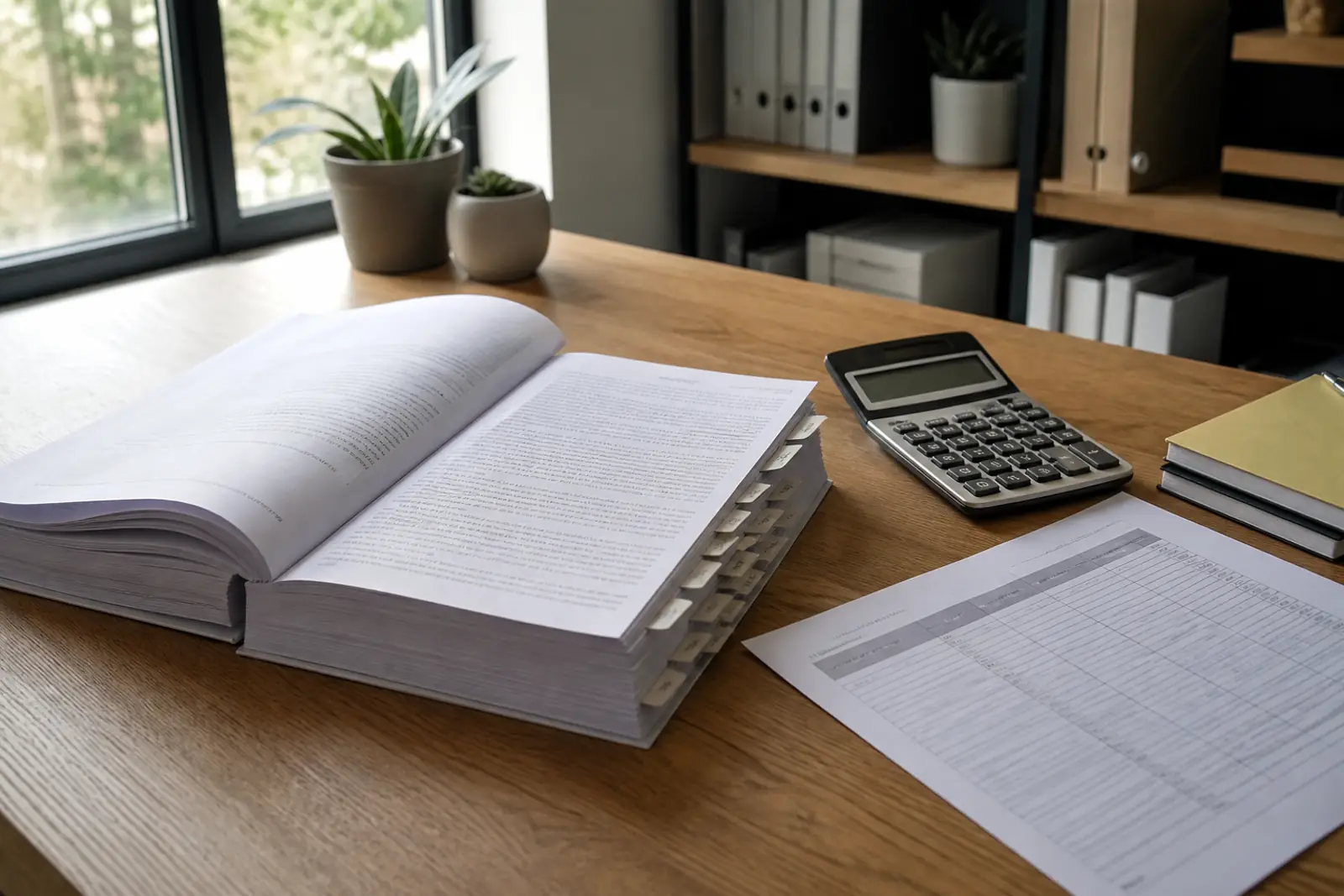 A thick tabbed franchise disclosure document lying open on a wooden desk next to a desktop calculator and a printed fee schedule, soft window light, documentary