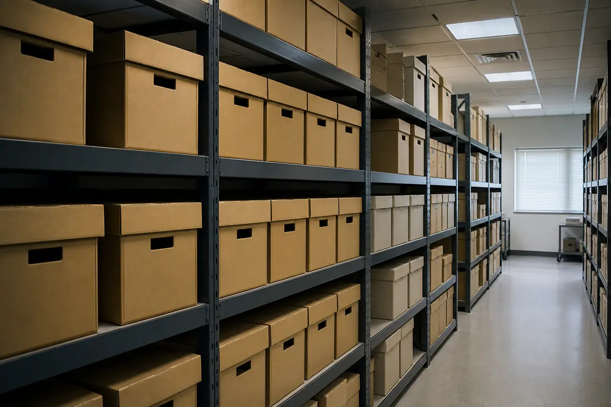 Archive boxes in a records office. Illustration only; not the Minnesota Department of Commerce.
