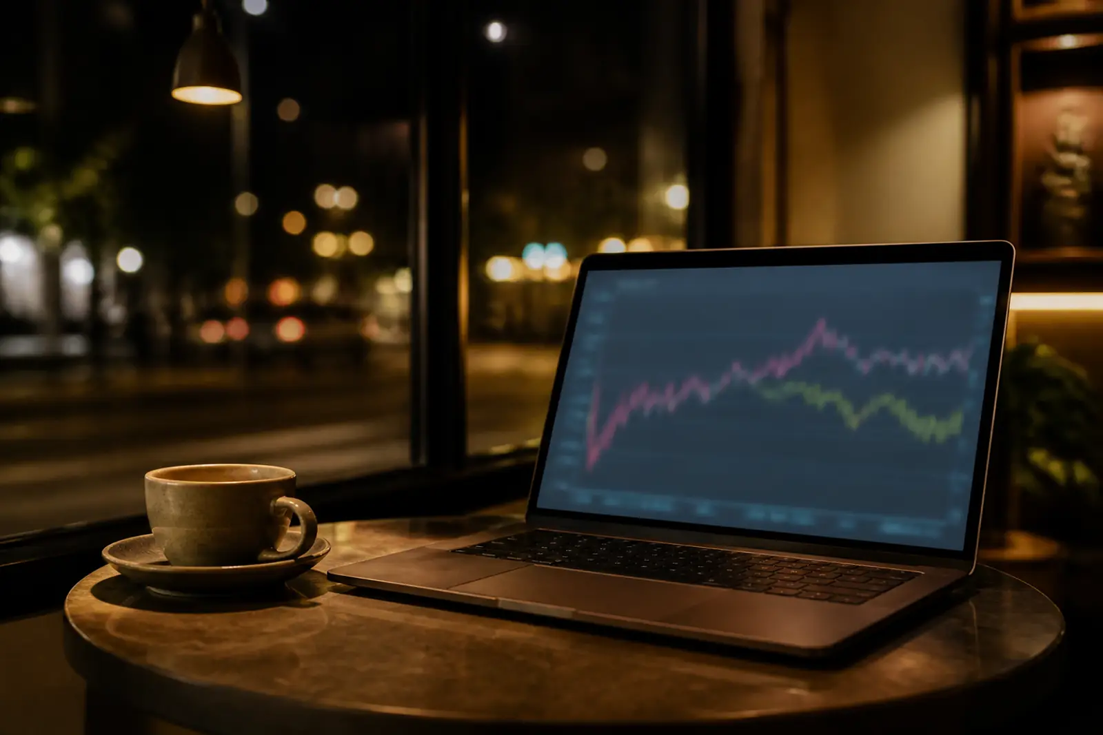 Documentary photograph of a laptop open on a small cafe table at night, the screen showing a soft, blurred line chart with no readable text, a cup beside it, wa