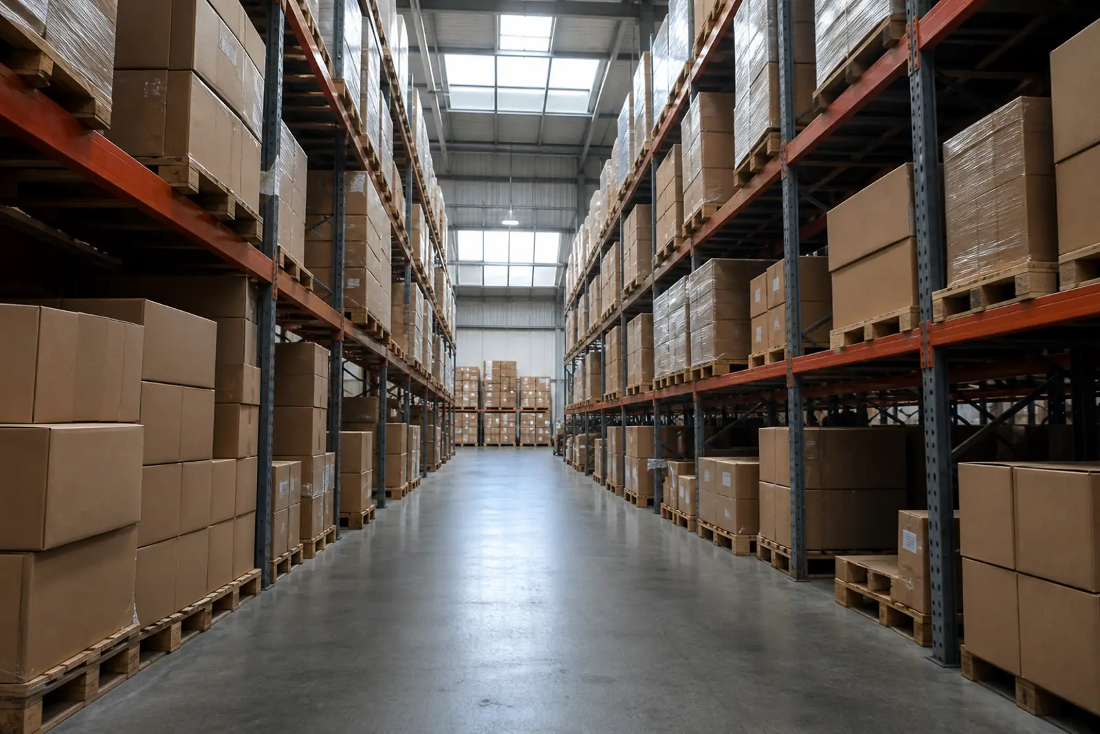 A commercial supply warehouse aisle with plain unbranded cardboard boxes stacked on wooden pallets under high shelving, cool daylight from skylights, no people,