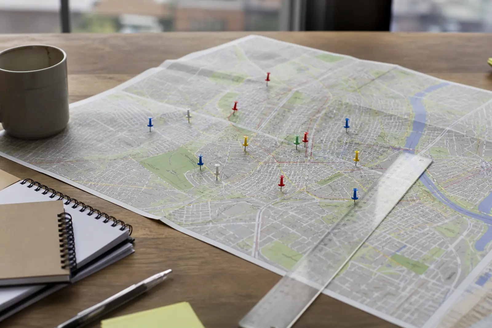 A paper street map spread on a wooden desk with colored pins and a clear ruler laid across it, soft daylight, shallow depth of field, no readable labels, no peo