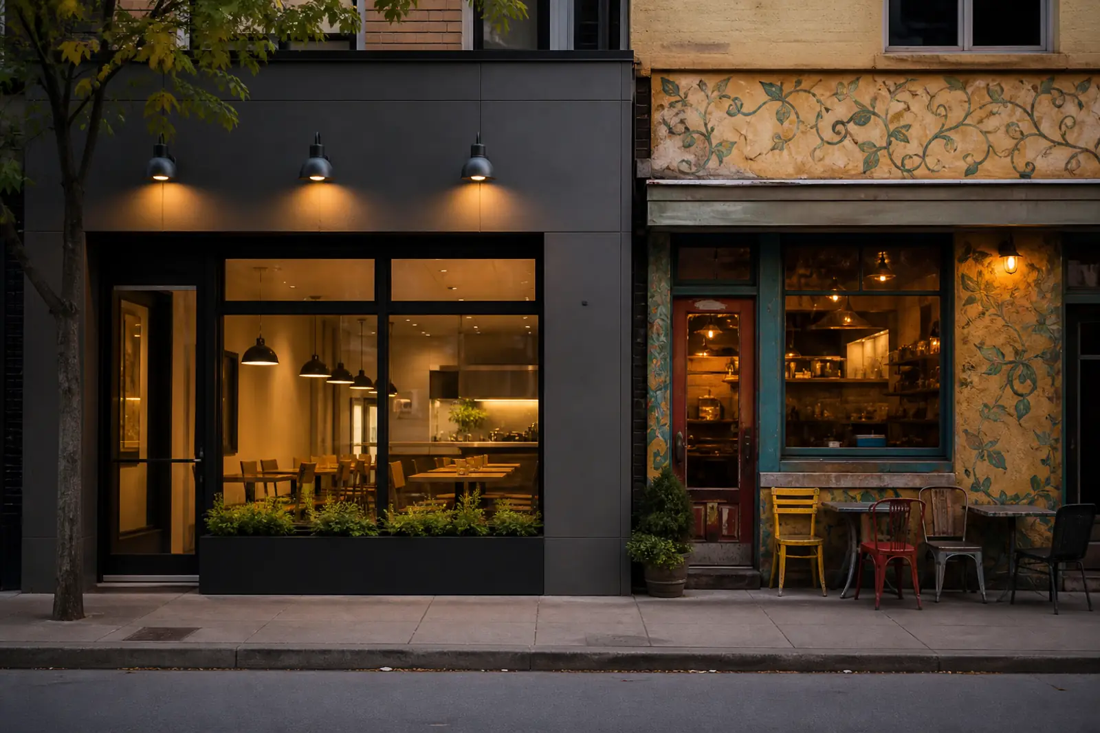 Documentary photograph at dusk of two neighbouring small restaurants on the same street: one with a uniform, modern, unbranded facade and identical light fixtur