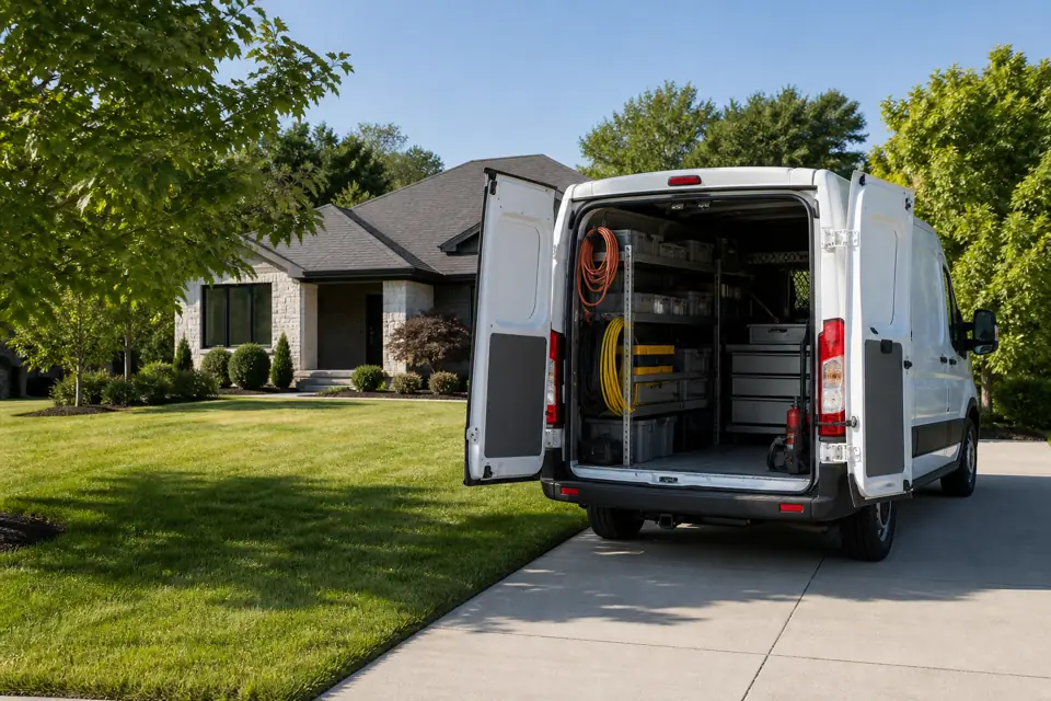 Unbranded white service van with organised equipment shelves parked at a suburban house