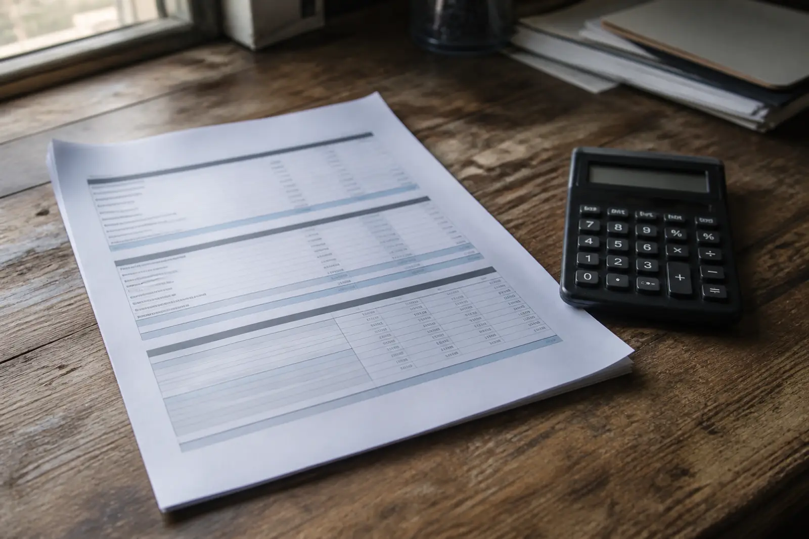 A printed balance sheet and a basic calculator on a worn wooden desk in soft daylight, pages slightly curled, no readable numbers, no logos, no people, no text