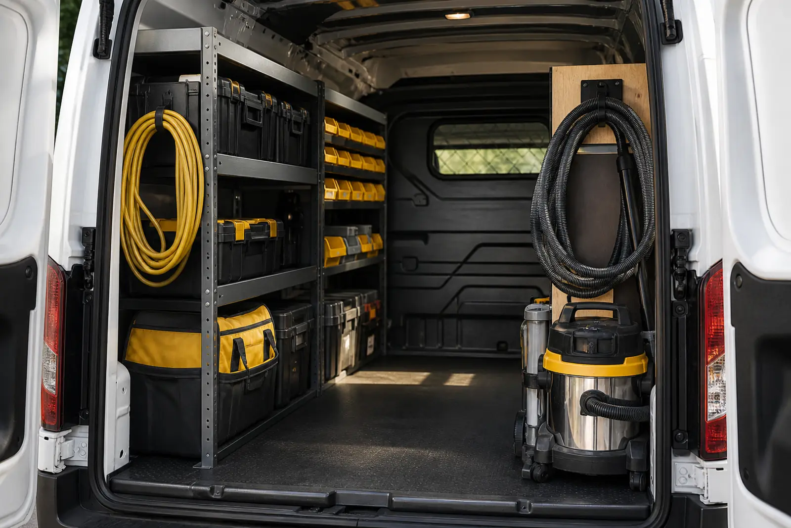 Interior of a white service van seen from the open rear doors: neatly organised shelving with tool cases, coiled hoses, a wet-dry vacuum and labelled bins, soft