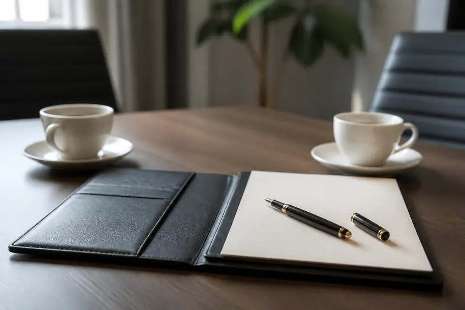 Leather folder, pen and a blank signature page on a meeting table