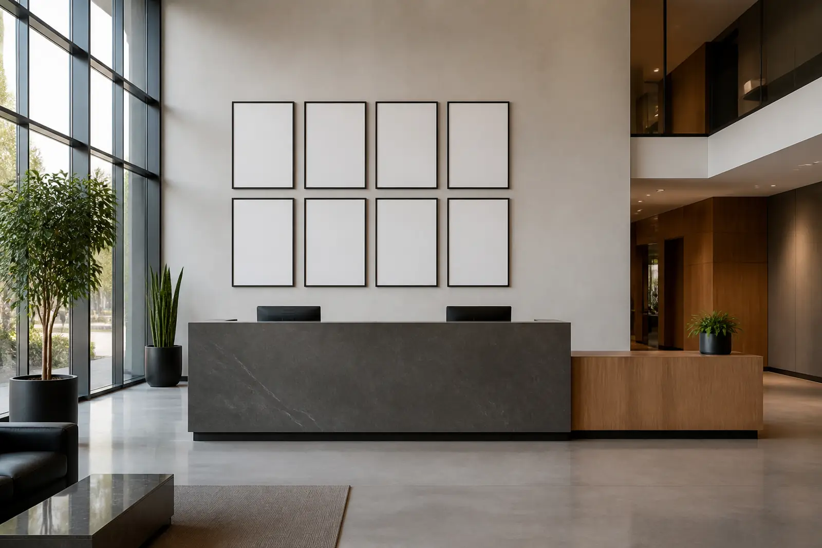 A corporate headquarters lobby with an unbranded reception desk and a wall of blank framed panels, daylight, documentary photography, no people, no text, no log
