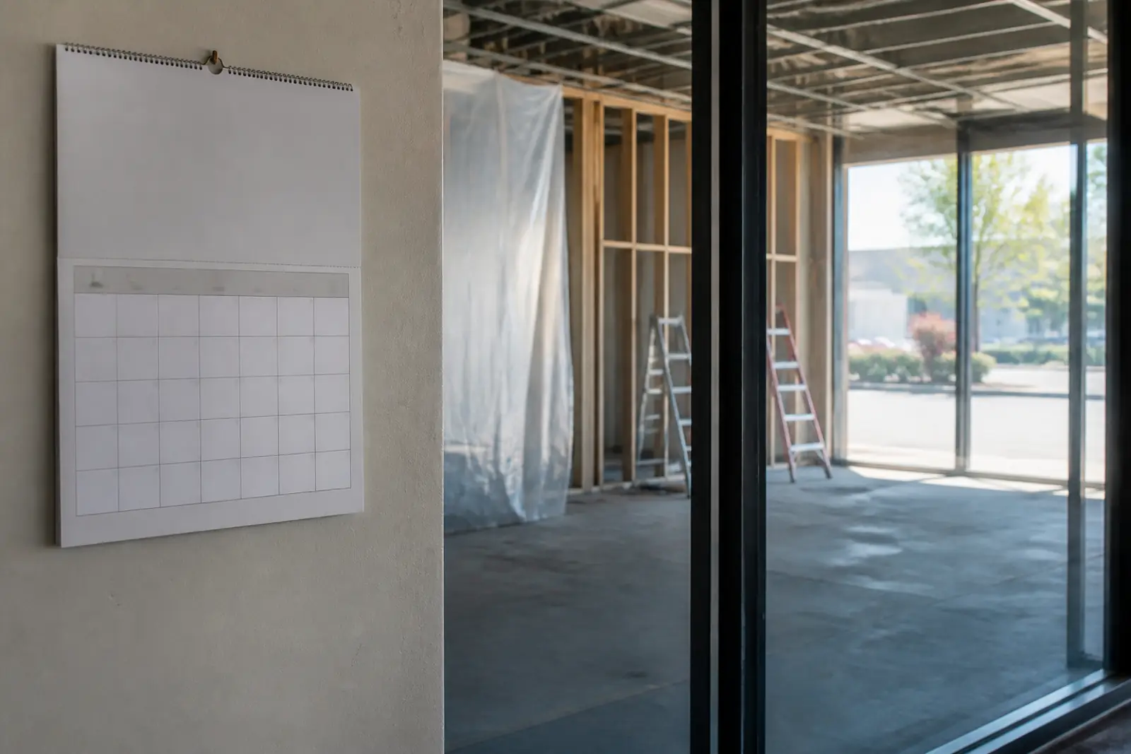 A wall calendar with blank date squares hanging beside a glass storefront window; through the glass, an empty retail unit under construction with exposed studs,