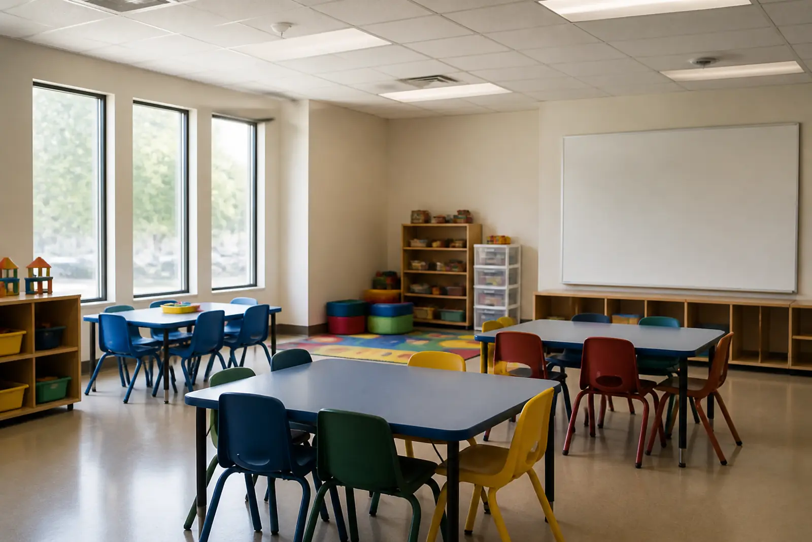An empty, bright classroom with small tables, colored chairs and a blank whiteboard, soft daylight from tall windows, documentary photo, no people, no readable