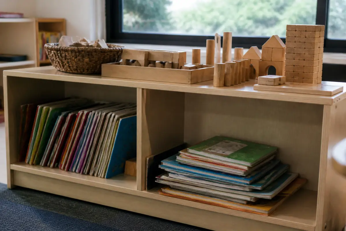 Building blocks and books on a low classroom shelf.