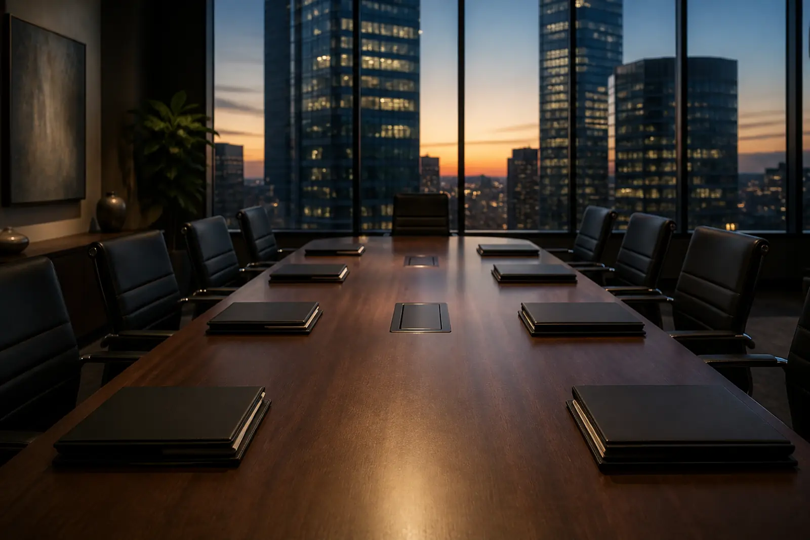 A long boardroom table with closed binders stacked at each seat and a city window view at dusk, empty chairs, no people, no readable text, no logos