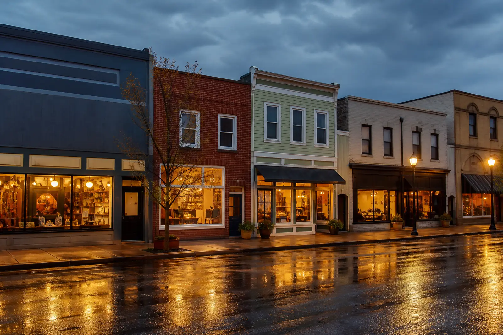 A row of varied small storefronts on a commercial street at dusk, warm window light, wet pavement reflections, no people, no readable signs, no logos