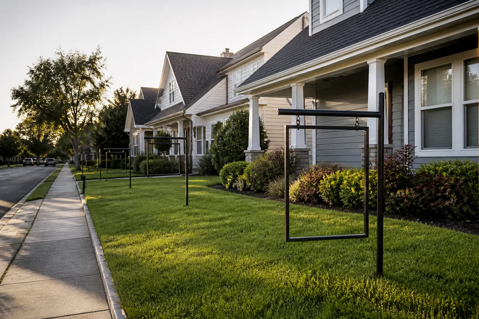 A quiet suburban street of single-family houses in late afternoon light, each front lawn holding an empty metal for-sale sign frame with no panel, documentary p