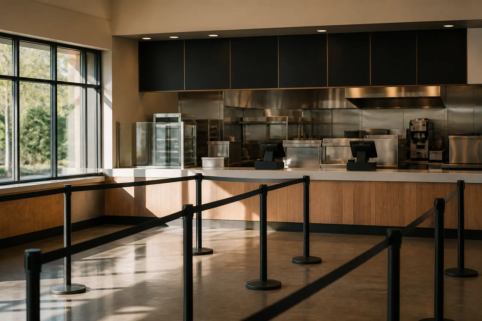 A quick-service restaurant counter at opening time, empty queue lanes with stanchions, a blank dark menu board, stainless steel and morning light, documentary s