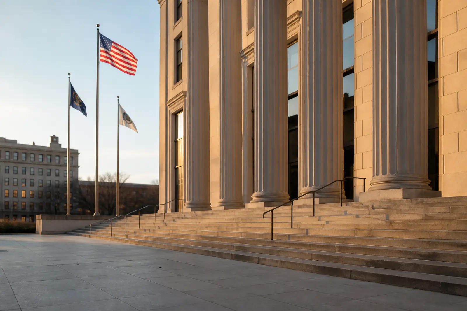 A federal office building entrance in early morning light, stone steps and columns, flags on poles moving in light wind, empty plaza, no people, no readable tex