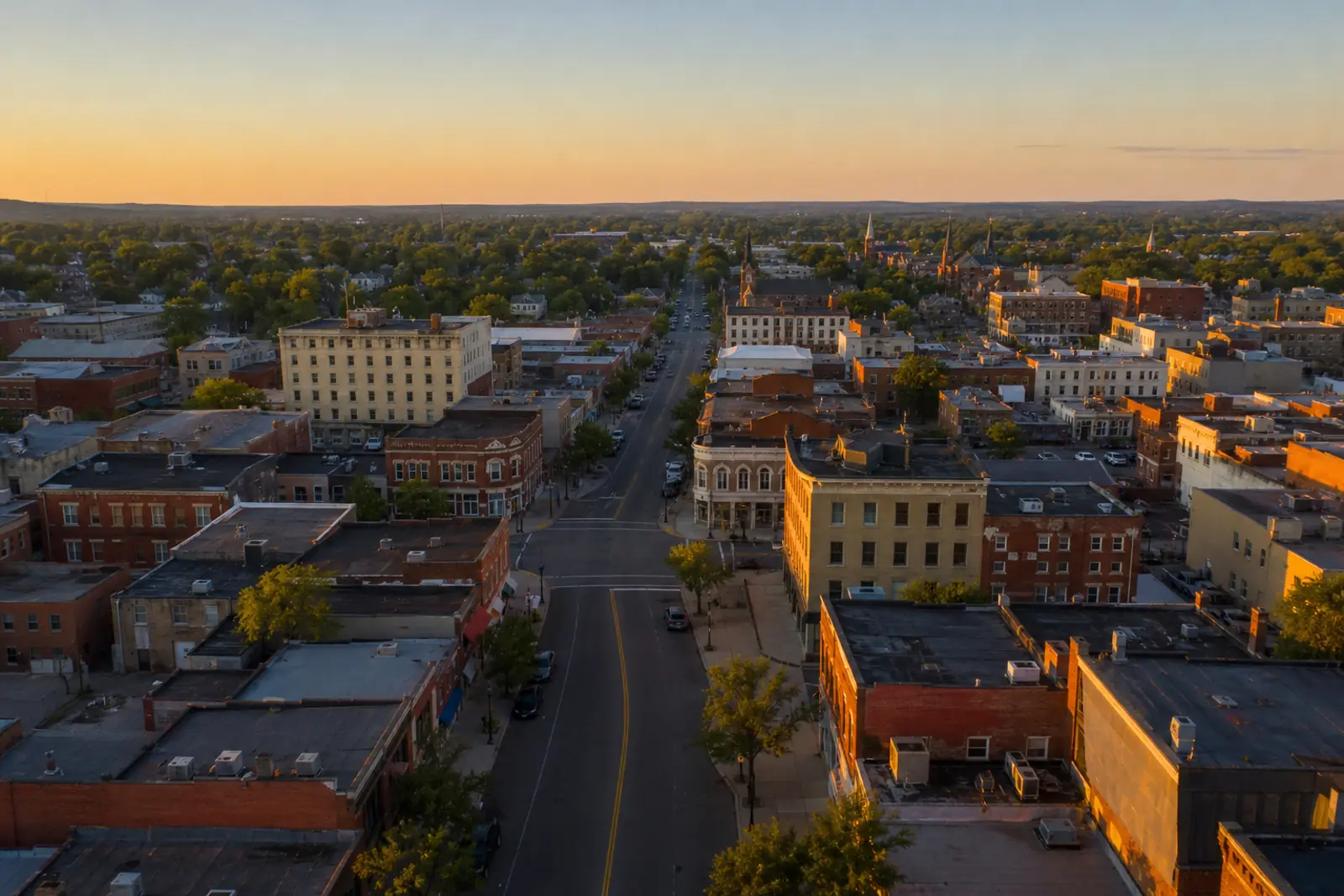 Aerial view of a small-city downtown with mixed low-rise storefronts and a main street at golden hour, documentary style, no people, no readable signs or text