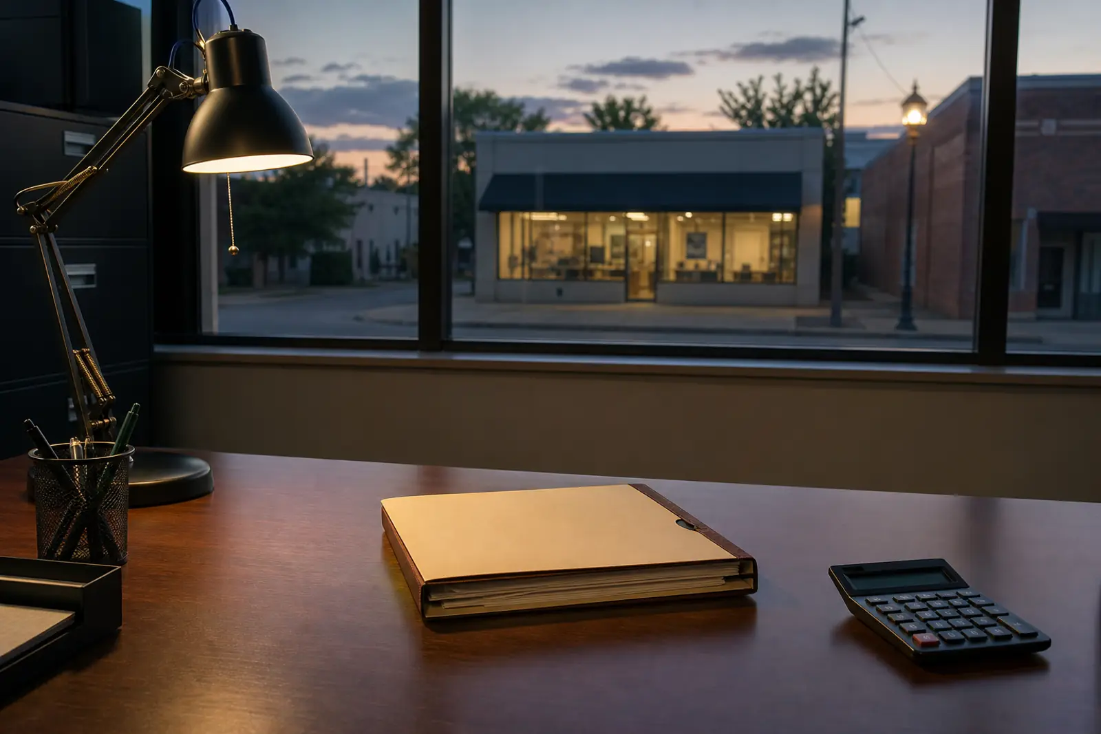 Documentary photograph of a bank loan officer's empty desk at dusk: a closed loan file folder, a desk lamp, a calculator; through the window, a small single-sto