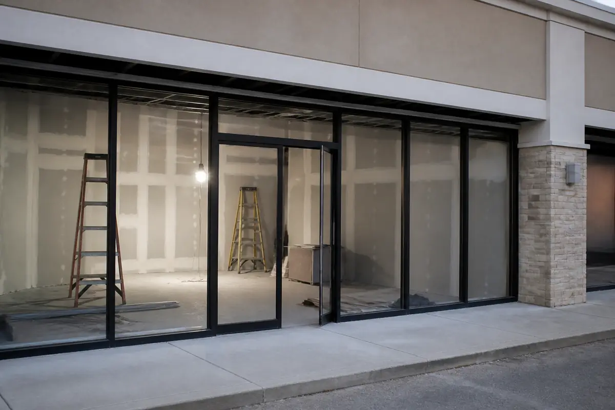 An unbranded storefront under construction. Illustration only; not a specific franchise or borrower.