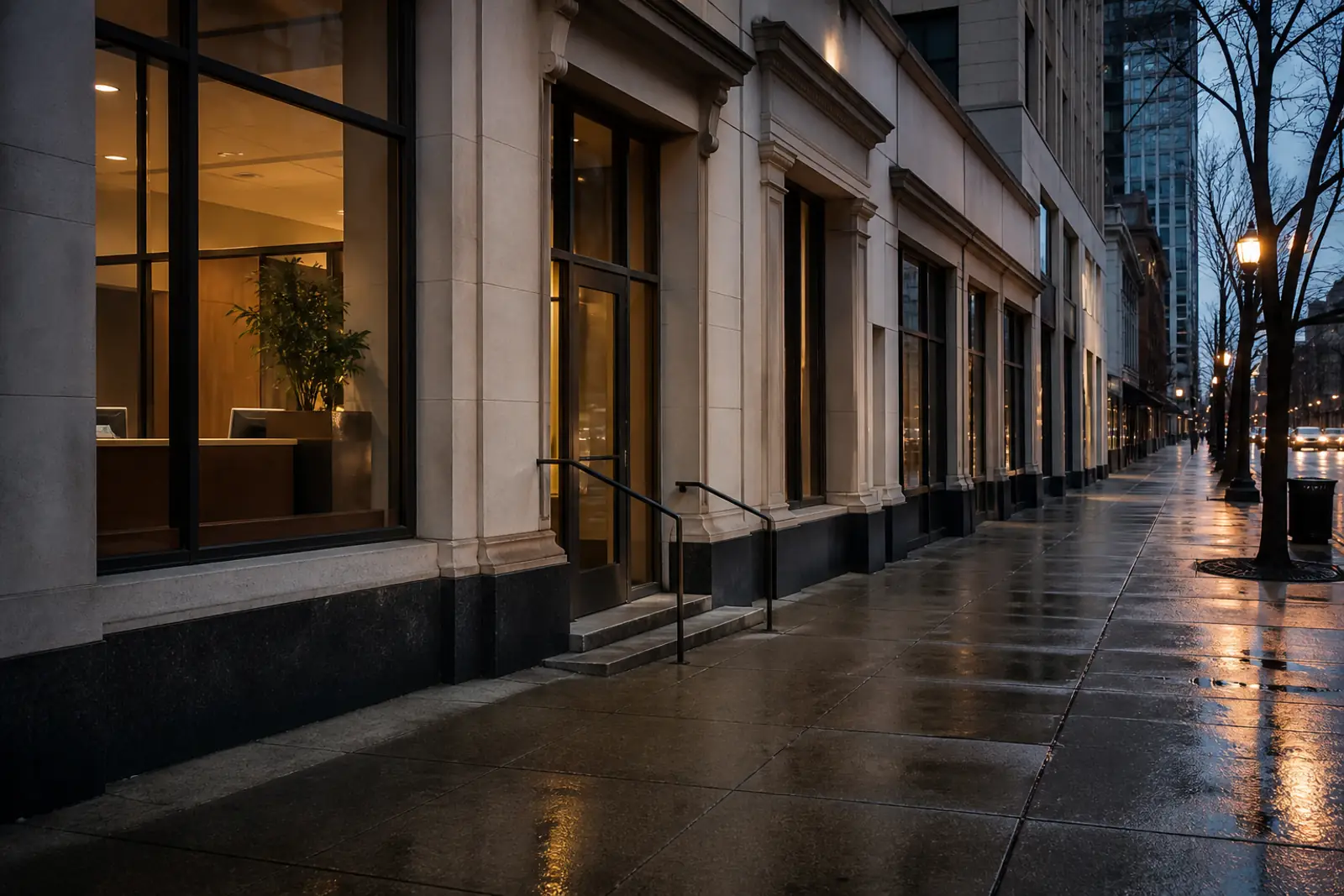 A row of unbranded bank branch facades on a downtown street at dusk, warm window light, wet pavement, documentary photo, no people, no text, no logos